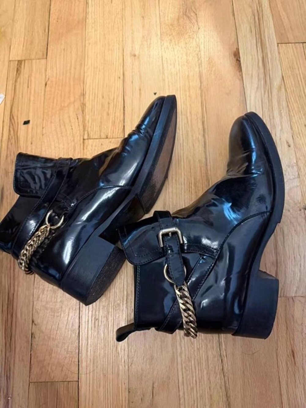 Alexander McQueen Black Patent Leather Chain Ankle Boots